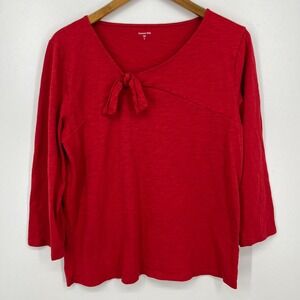 Garnet Hill 3/4 Sleeve Top Women's Size XL‎ Red Tie Neck Solid 100% Cotton